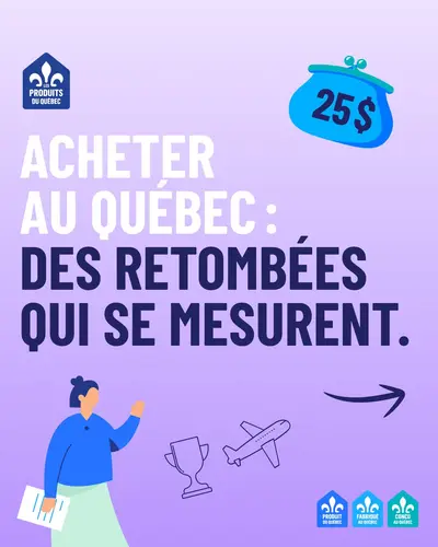 Choisir des produits d’ici, c’est aussi investir dans le Québec.

Si chaque ménage investissait 25 $ par semaine en produits locaux plutôt qu’importés, cela pourrait générer 180 M$ en revenus pour le gouvernement du Québec.

C’est l’équivalent du coût de construction de près de cinq écoles primaires d’une valeur estimée à 38 M$ chacune.

Un rappel que l’achat local, même à petite échelle, peut générer des retombées majeures.

Étude réalisée en collaboration avec AppEco, @economieqc et l’Institut de la statistique du Québec (ISQ).

Rapport complet à lire 🔗